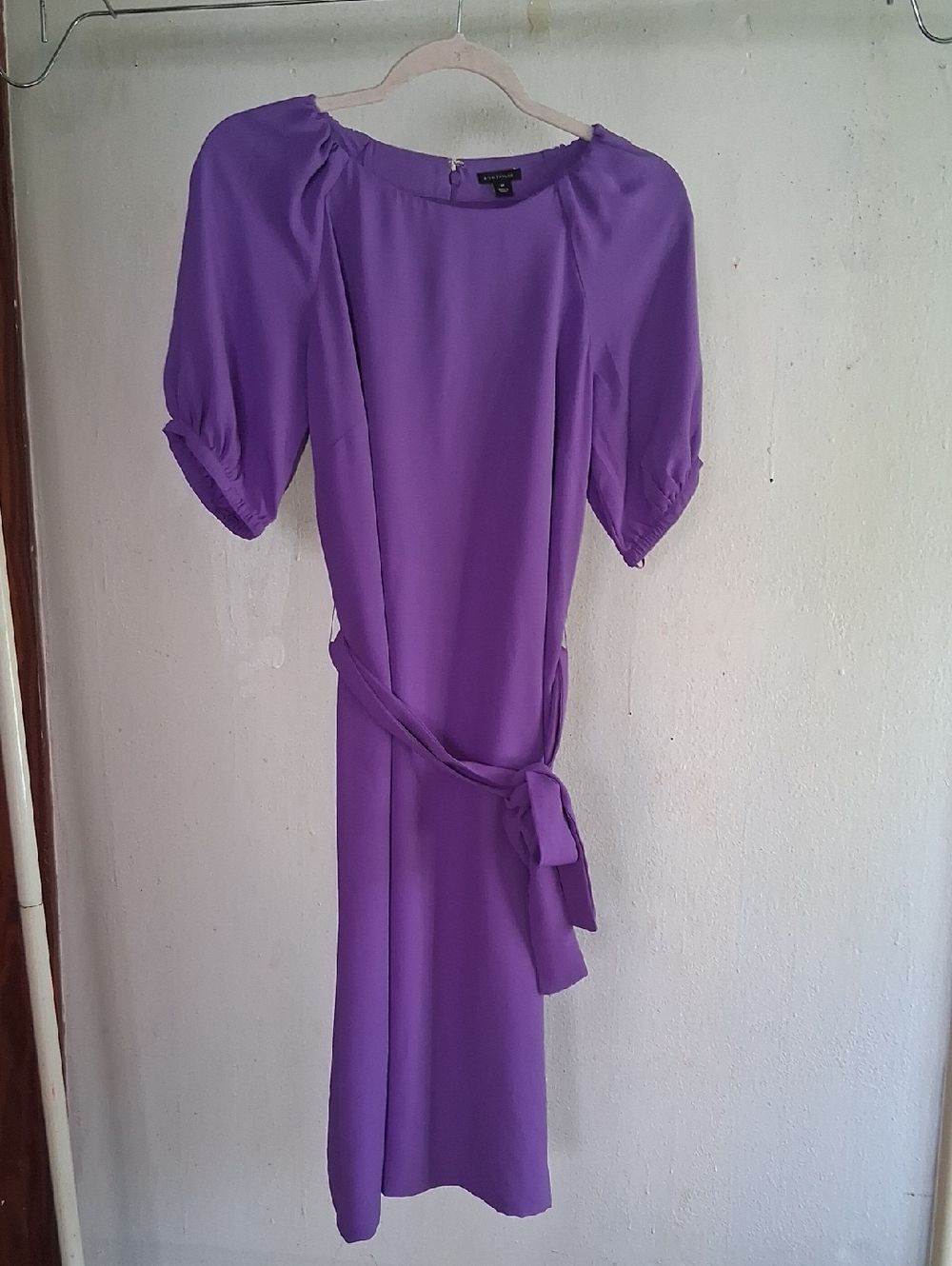 Ann Taylor Purple Belted Midi Dress with Puff Sleeves